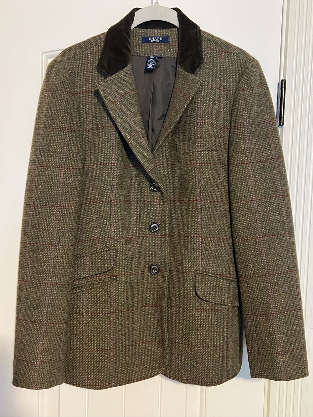 Chaps Women's Olive Brown Tweed Blazer with Velvet Collar